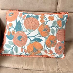 Coral and Teal Floral Crewel Embroidered Accent Lumbar Pillow